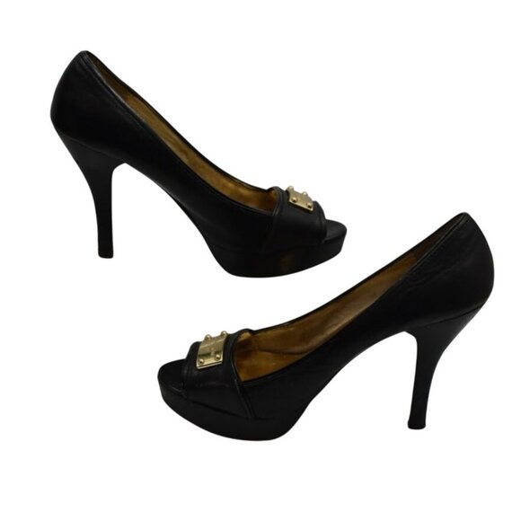 Michael Kors Peep Toe Platform High Heels Shoes 10 Black Leather Gold Logo Plate - Picture 4 of 6